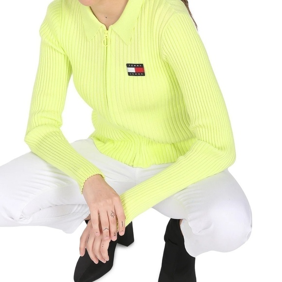 Tommy Hilfiger Zip Thru Rib Knit Cardigan in Neon Green - Picture 1 of 6